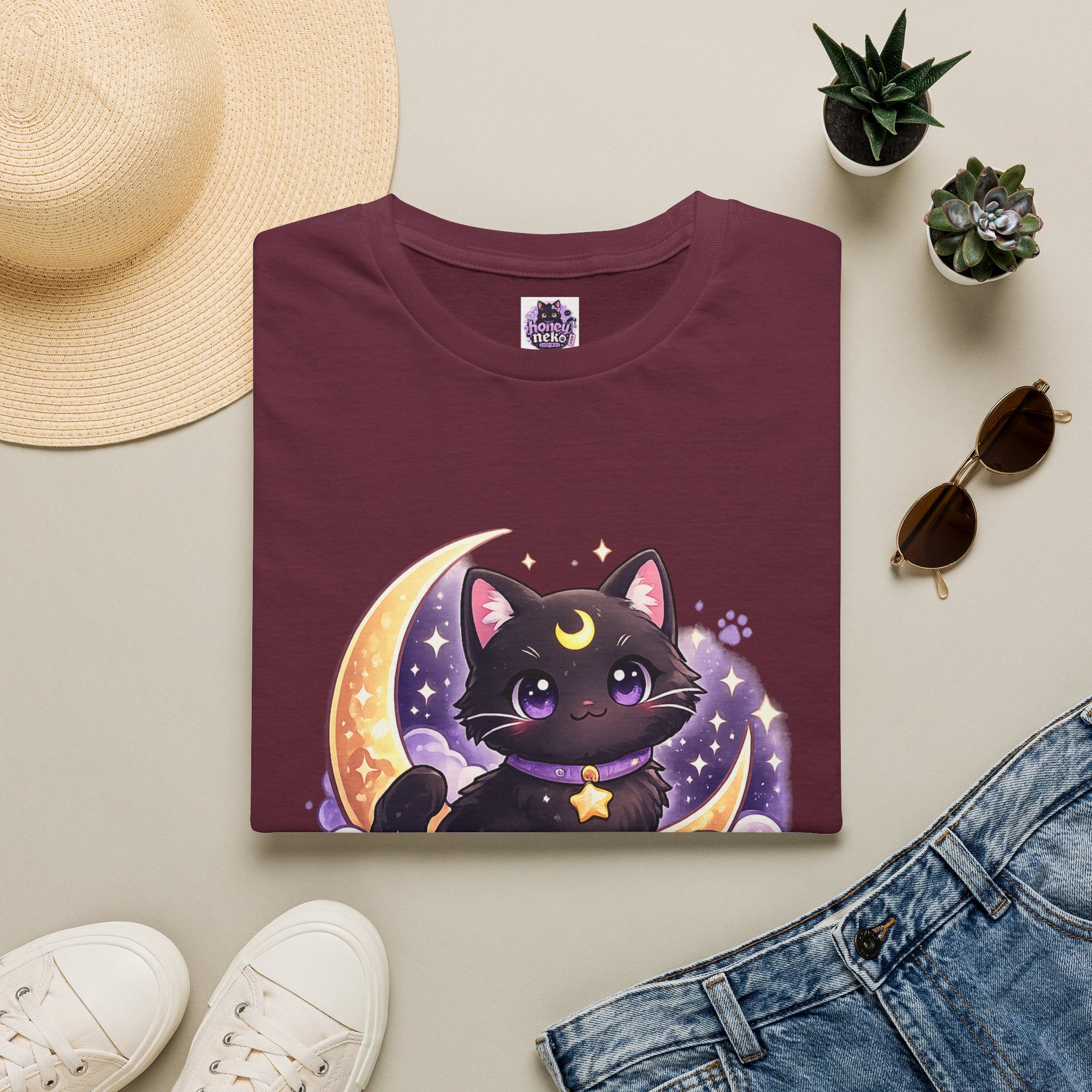 Midnight Neko T-Shirt — Cute Black Cat Moon Graphic Tee