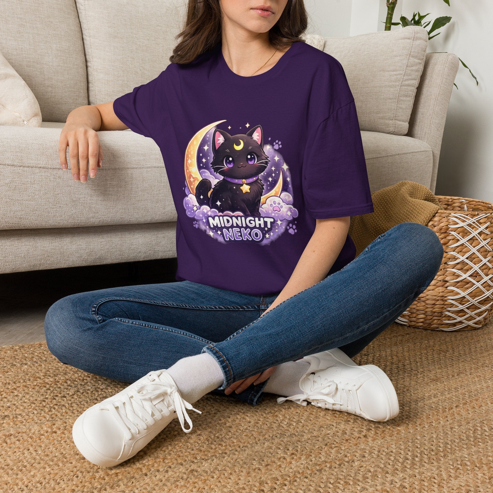 Midnight Neko T-Shirt — Cute Black Cat Moon Graphic Tee