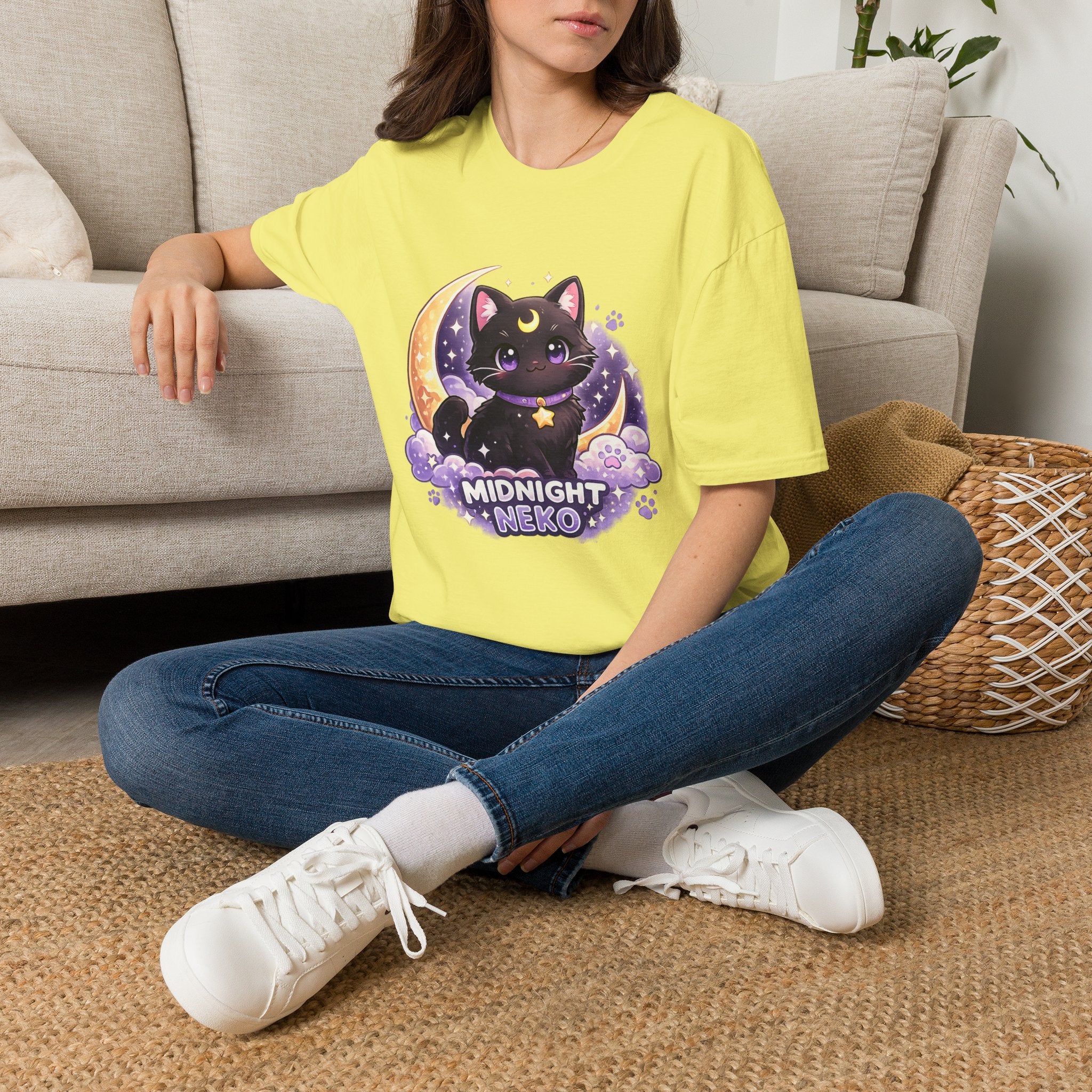 Midnight Neko T-Shirt — Cute Black Cat Moon Graphic Tee