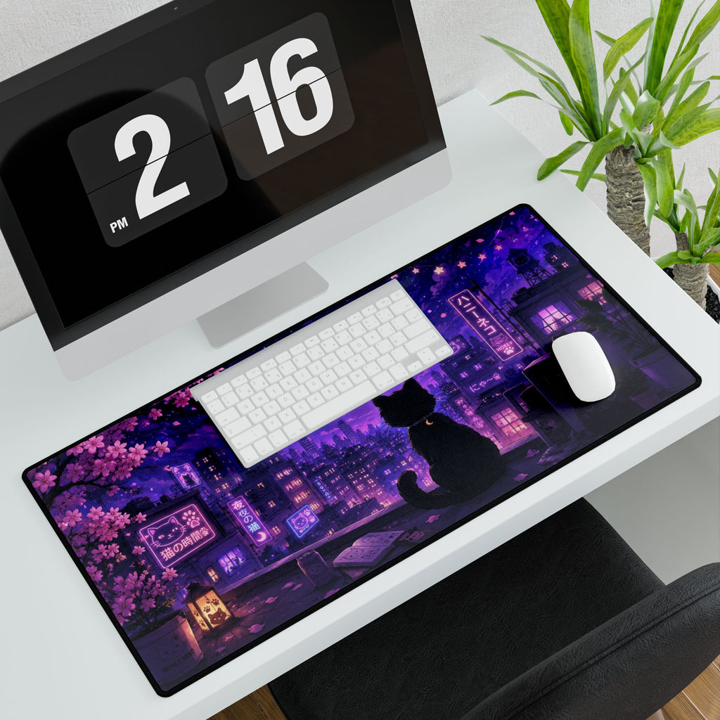 Night City Cat Desk Mat — Purple Moonlit Anime Gaming Desk Pad