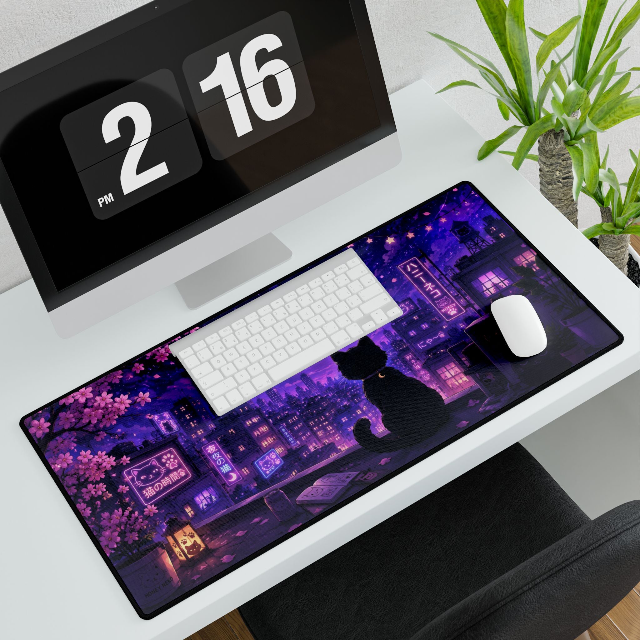 Night City Cat Desk Mat — Purple Moonlit Anime Gaming Desk Pad