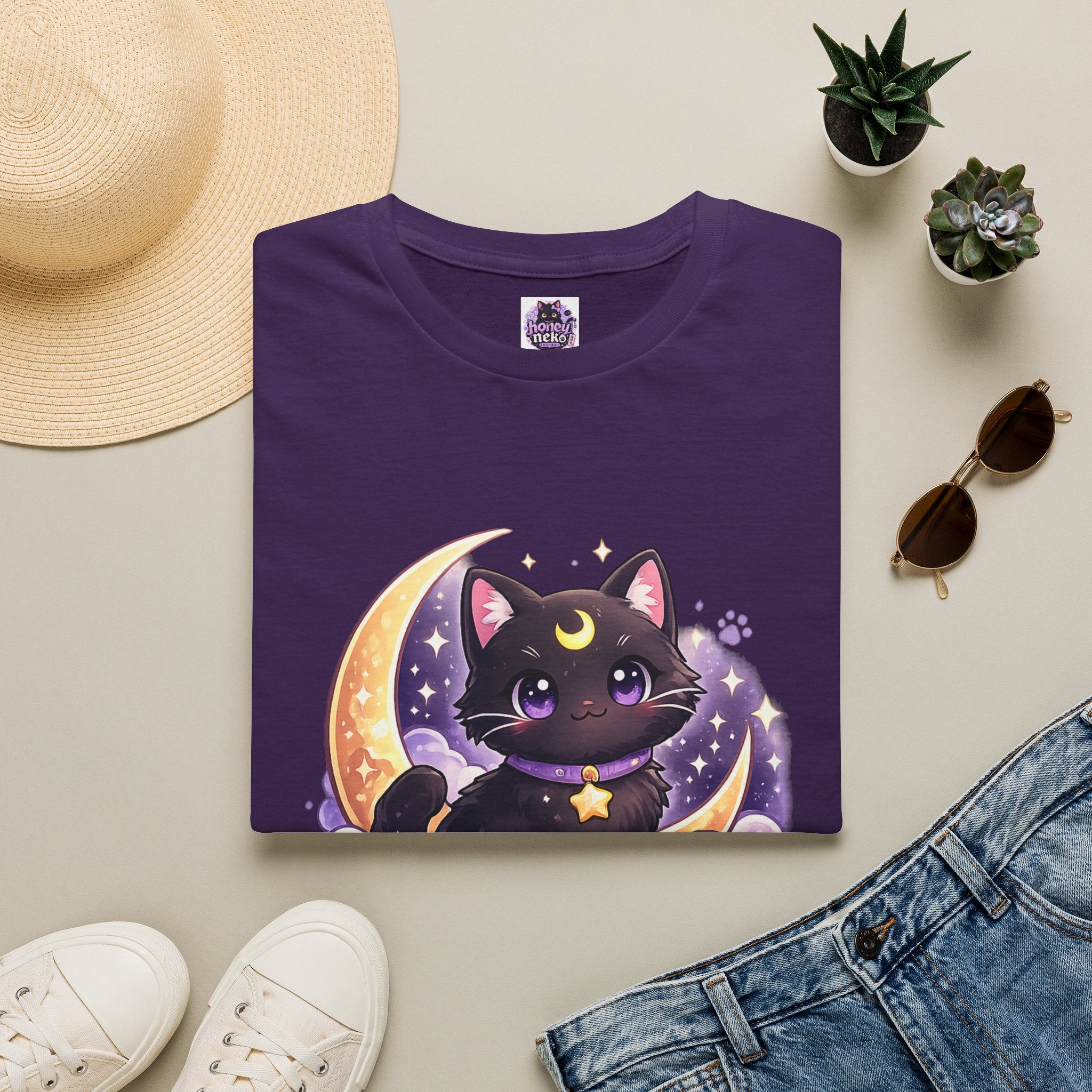 Midnight Neko T-Shirt — Cute Black Cat Moon Graphic Tee