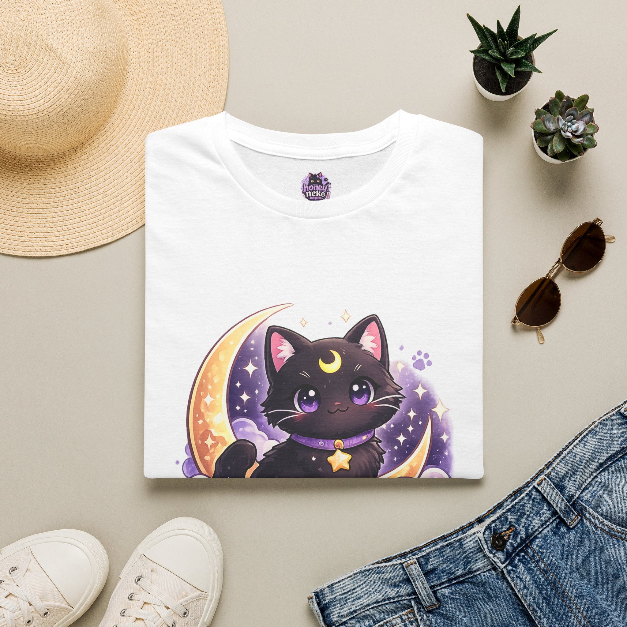 Midnight Neko T-Shirt — Cute Black Cat Moon Graphic Tee