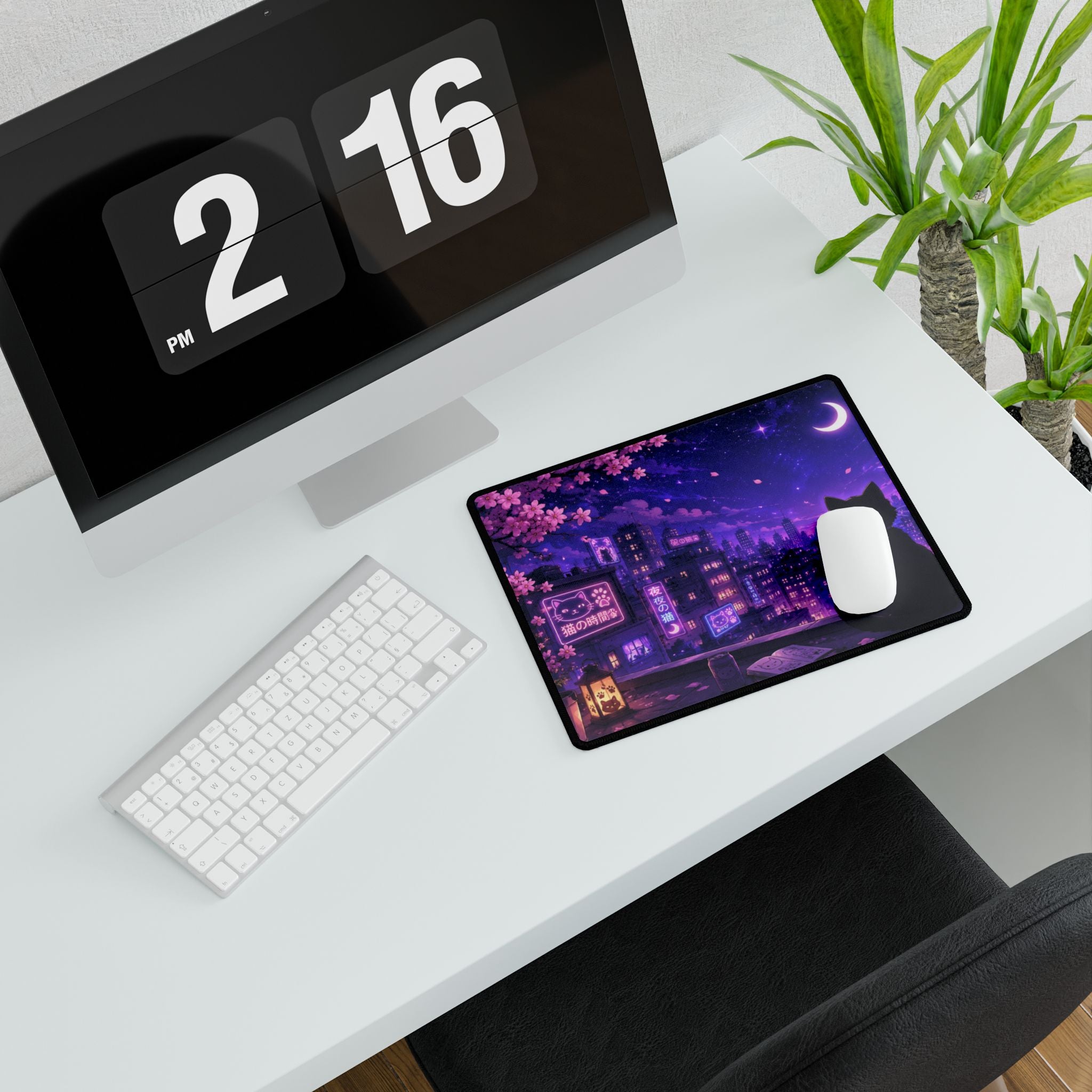 Night City Cat Desk Mat — Purple Moonlit Anime Gaming Desk Pad