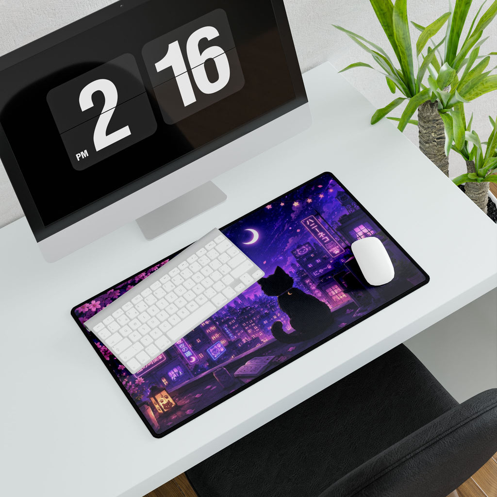 Night City Cat Desk Mat — Purple Moonlit Anime Gaming Desk Pad