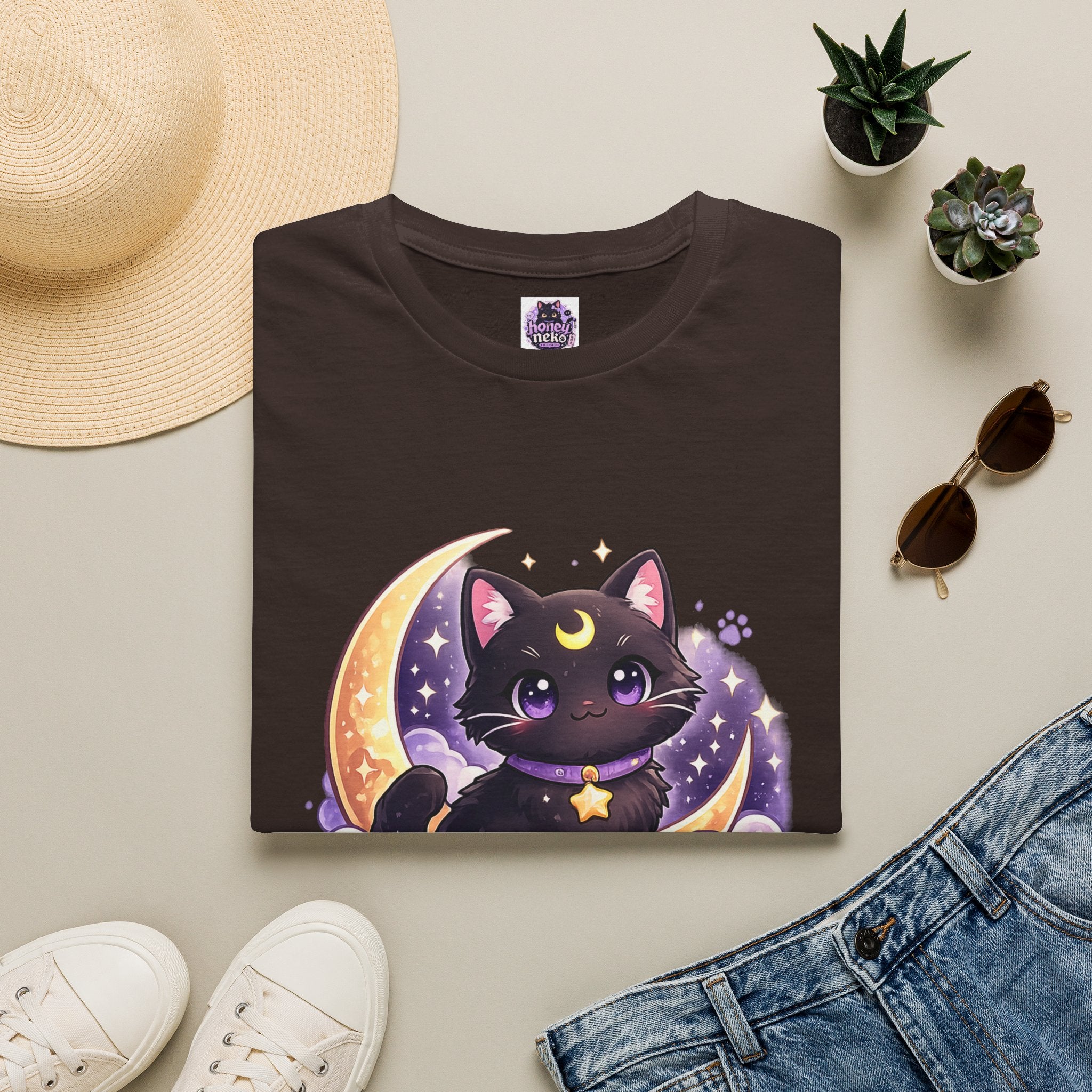 Midnight Neko T-Shirt — Cute Black Cat Moon Graphic Tee