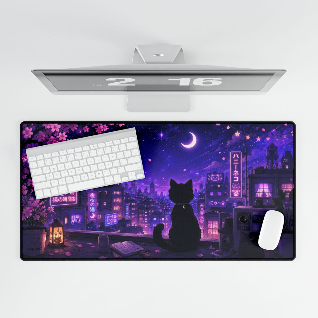 Night City Cat Desk Mat — Purple Moonlit Anime Gaming Desk Pad