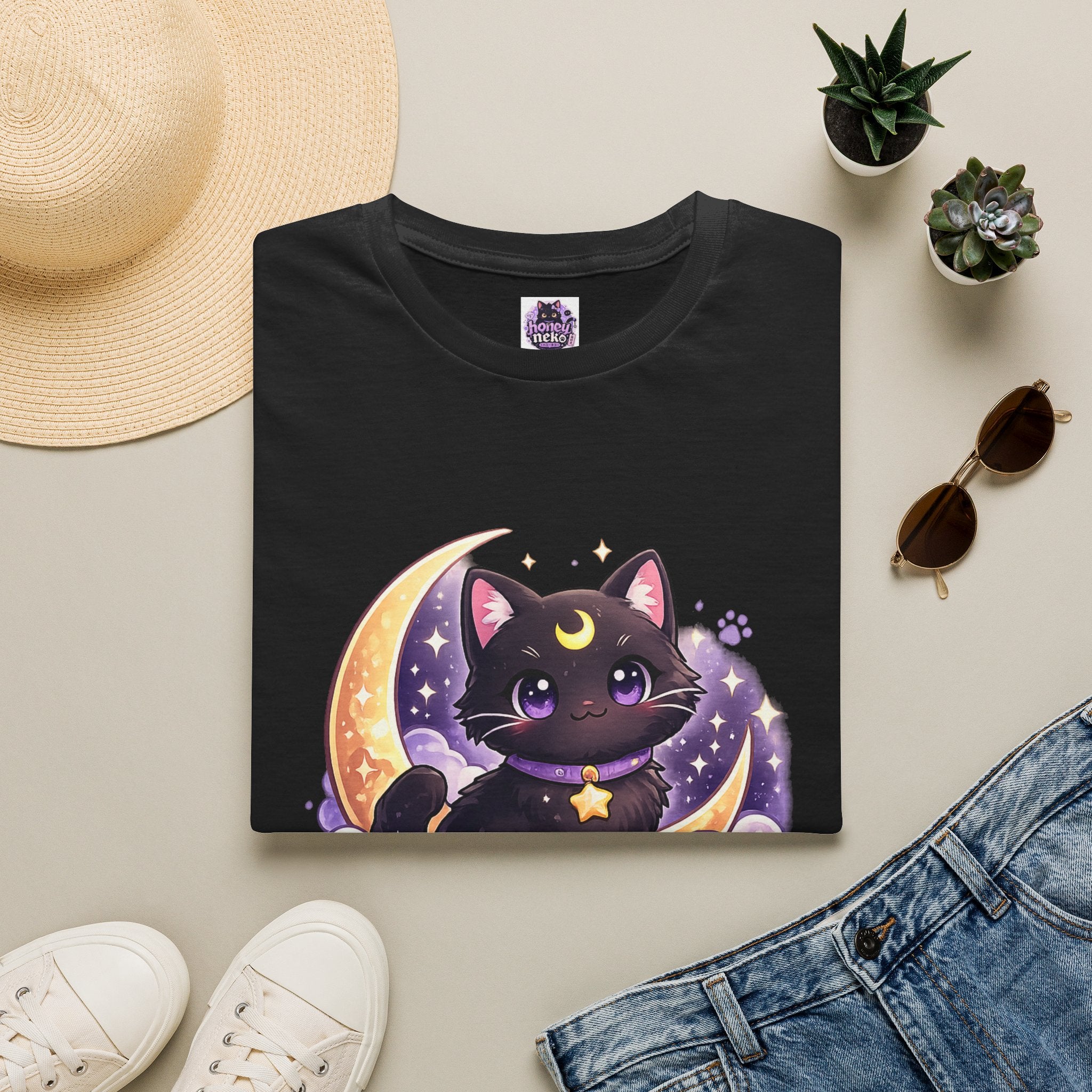 Midnight Neko T-Shirt — Cute Black Cat Moon Graphic Tee