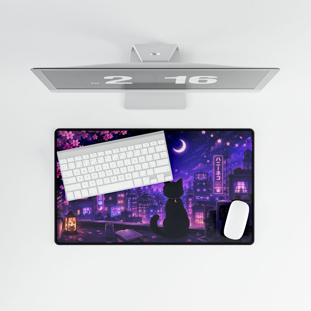 Night City Cat Desk Mat — Purple Moonlit Anime Gaming Desk Pad
