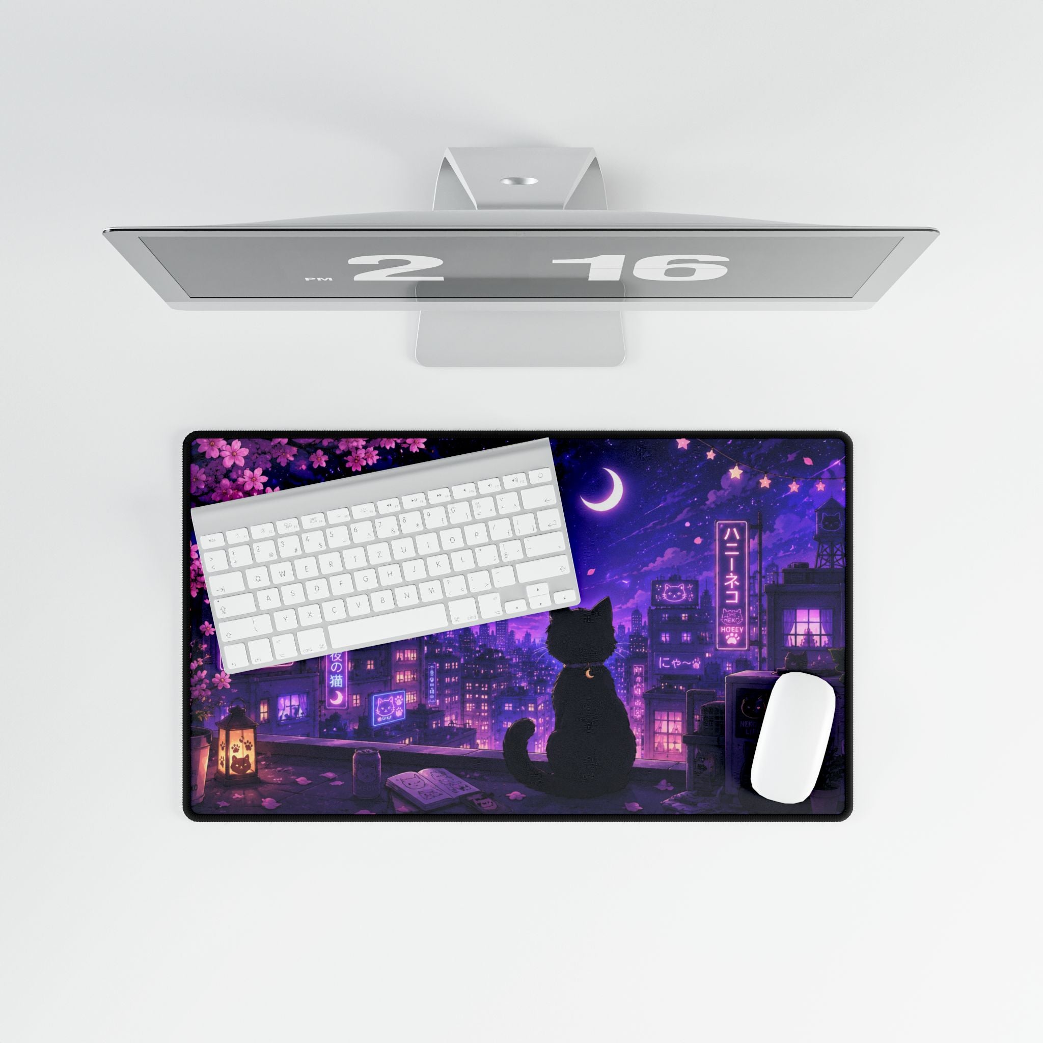 Night City Cat Desk Mat — Purple Moonlit Anime Gaming Desk Pad
