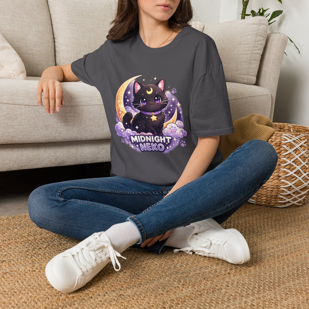 Midnight Neko T-Shirt — Cute Black Cat Moon Graphic Tee