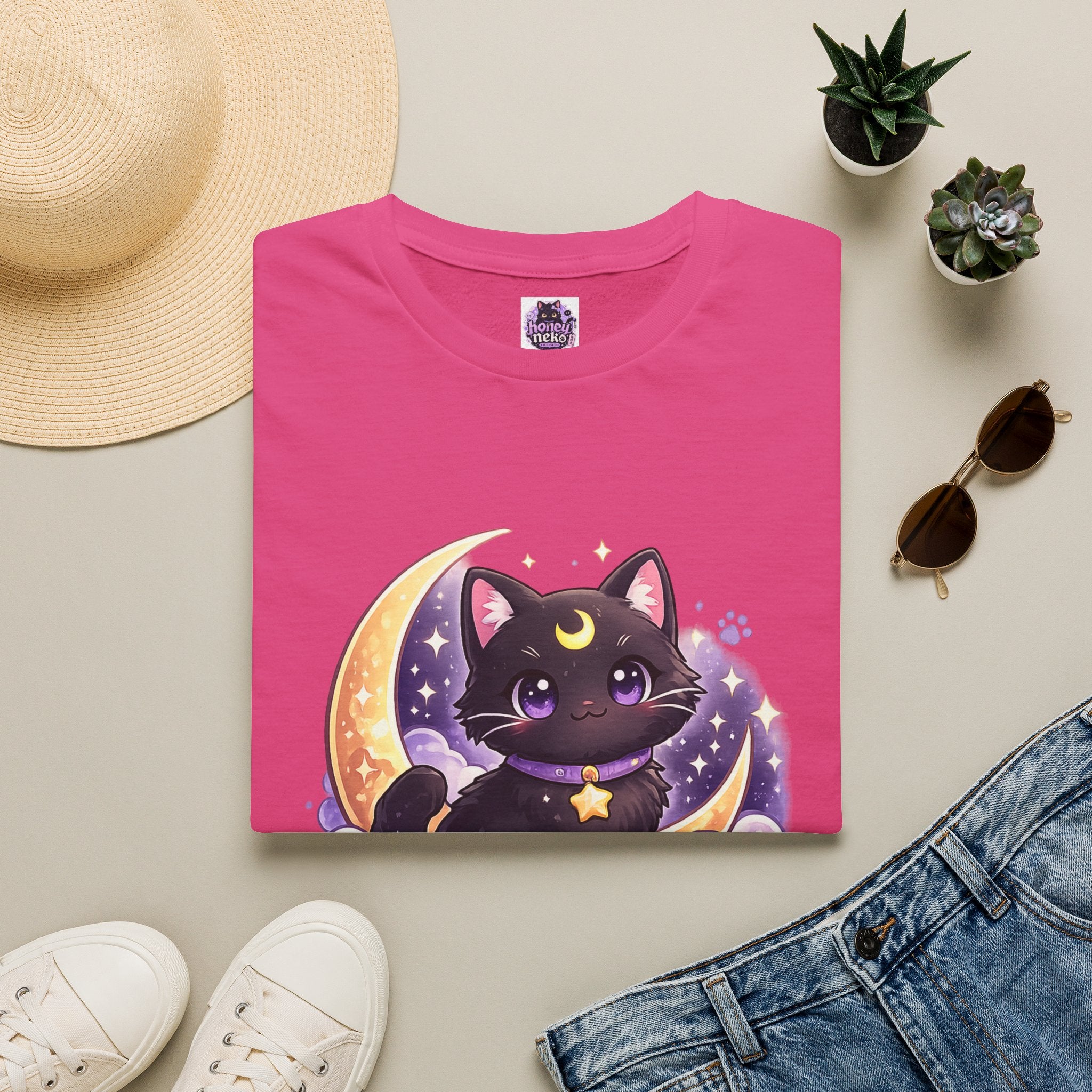 Midnight Neko T-Shirt — Cute Black Cat Moon Graphic Tee