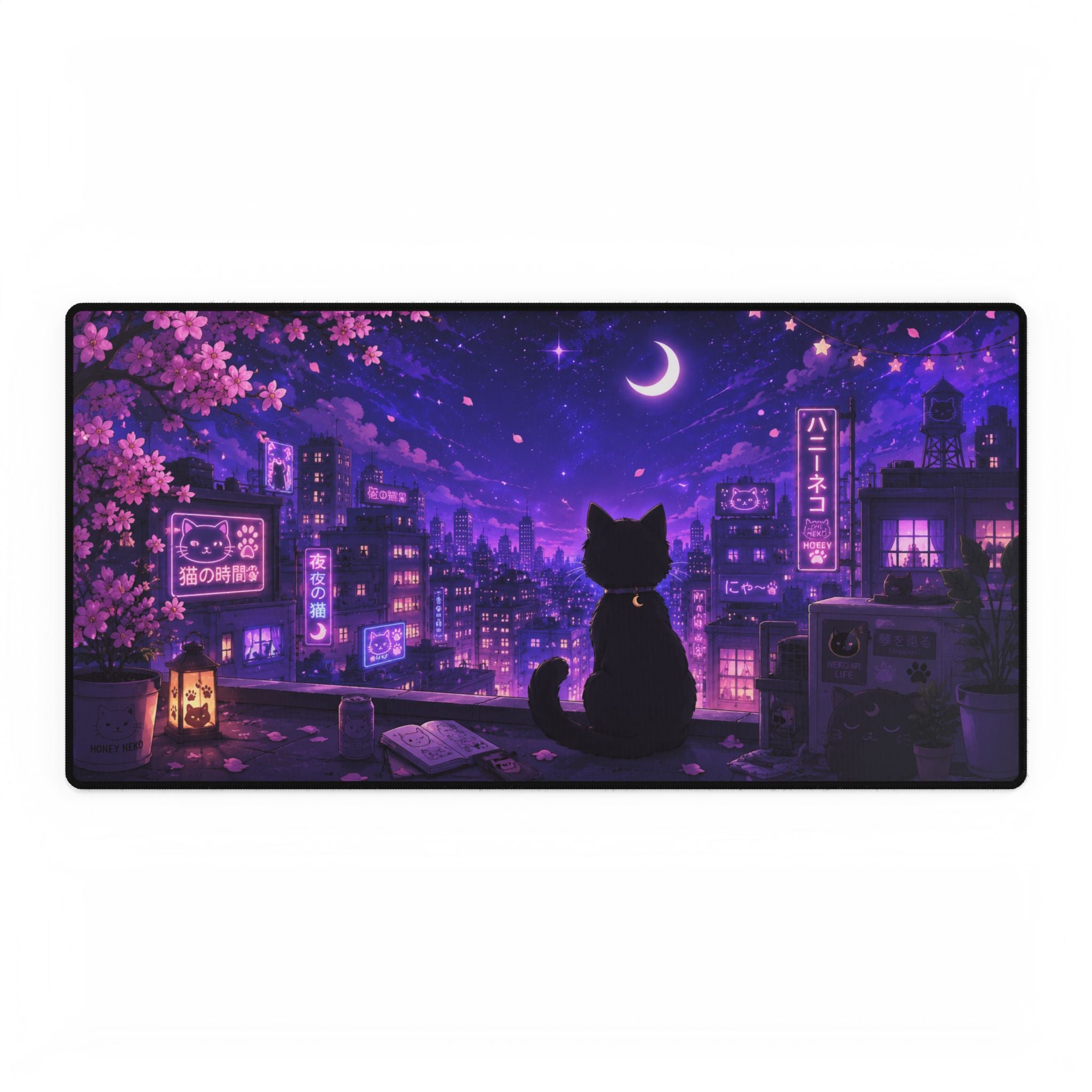 Night City Cat Desk Mat — Purple Moonlit Anime Gaming Desk Pad