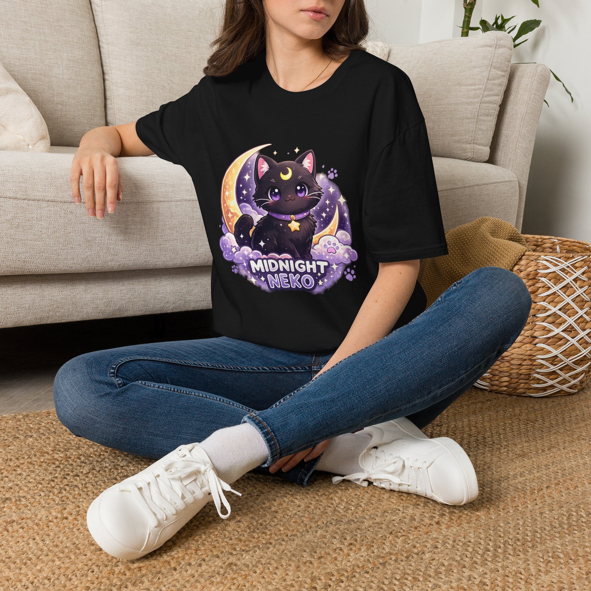 Midnight Neko T-Shirt — Cute Black Cat Moon Graphic Tee