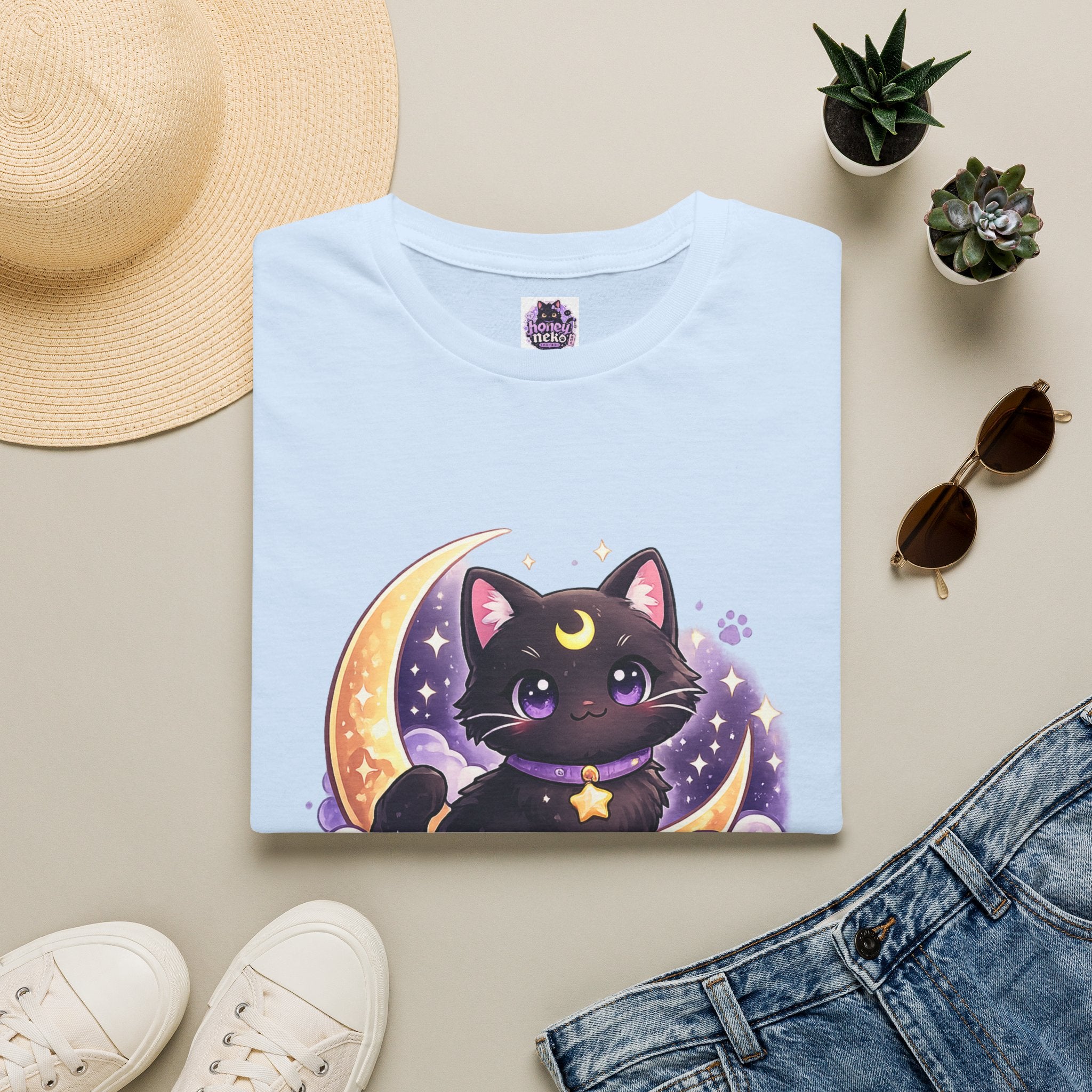 Midnight Neko T-Shirt — Cute Black Cat Moon Graphic Tee