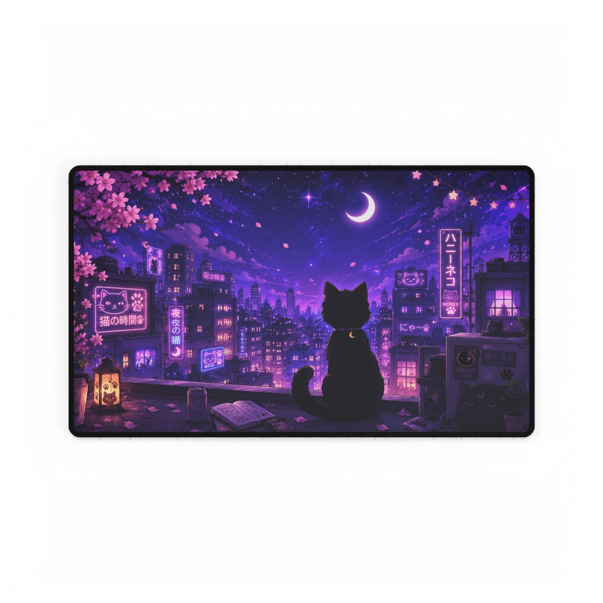 Night City Cat Desk Mat — Purple Moonlit Anime Gaming Desk Pad