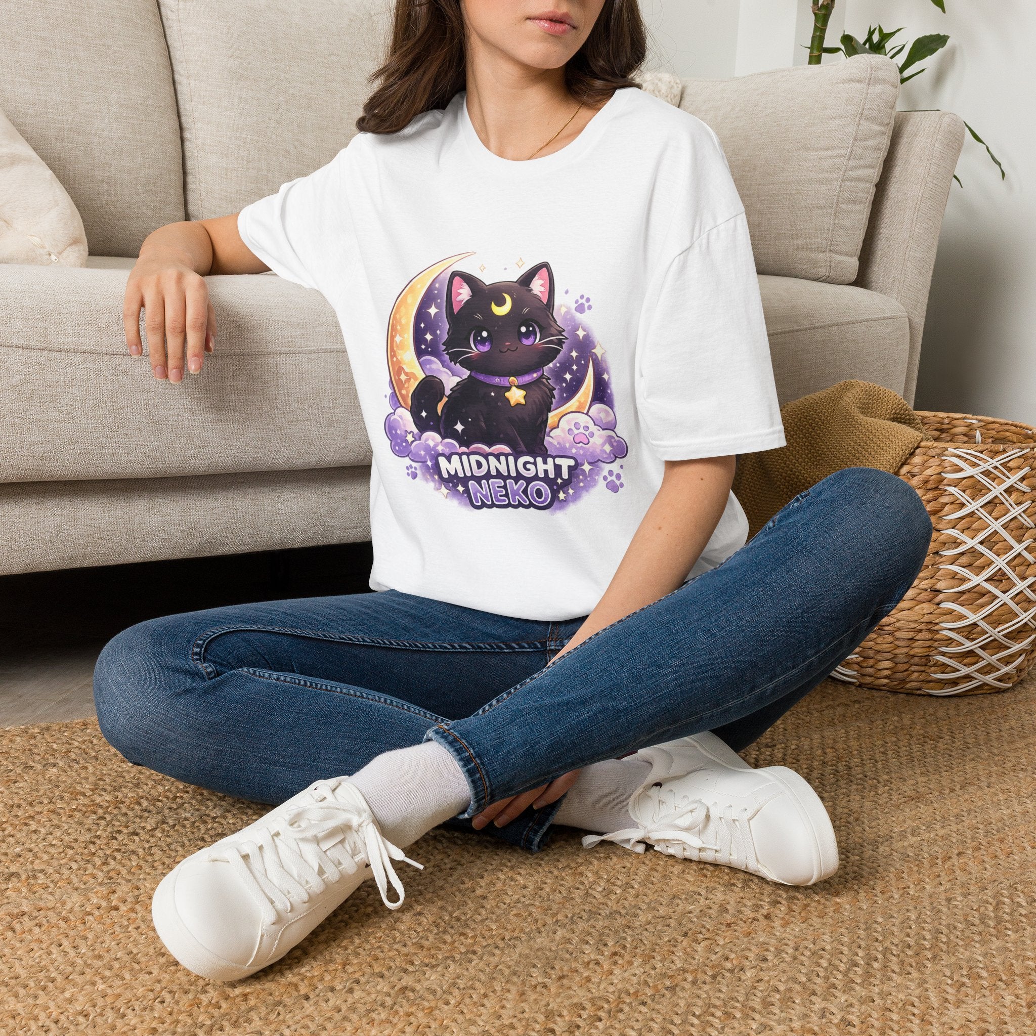 Midnight Neko T-Shirt — Cute Black Cat Moon Graphic Tee