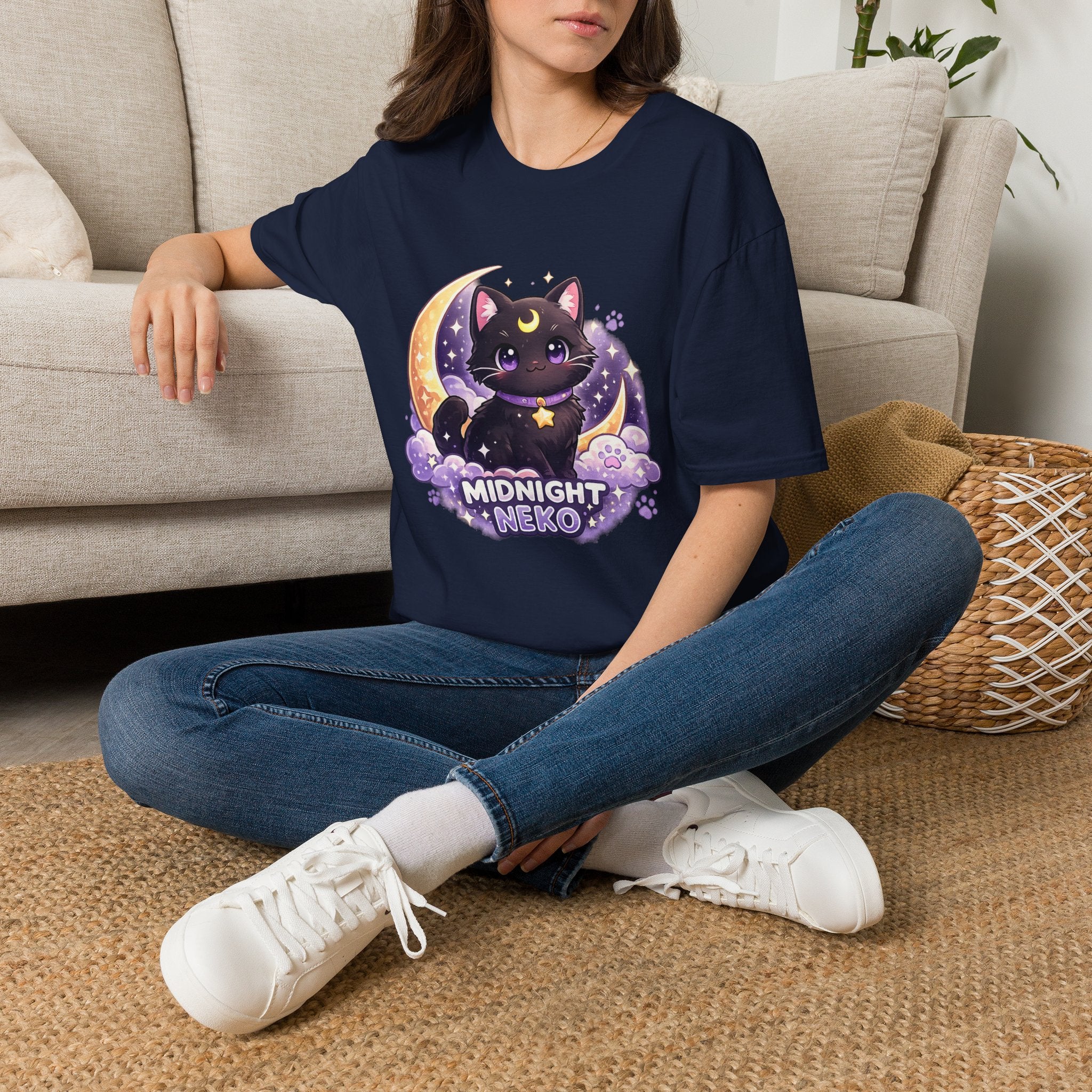 Midnight Neko T-Shirt — Cute Black Cat Moon Graphic Tee