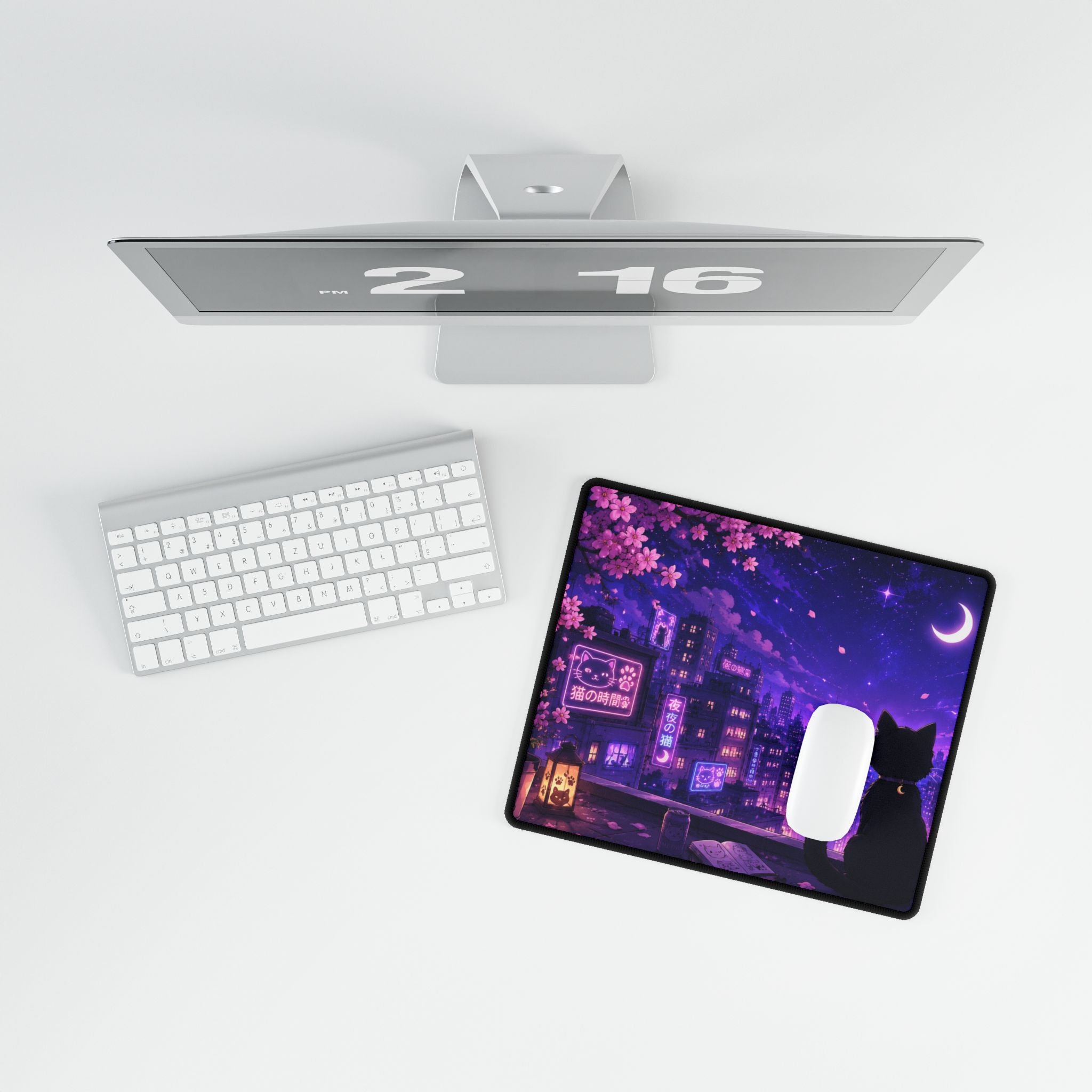 Night City Cat Desk Mat — Purple Moonlit Anime Gaming Desk Pad