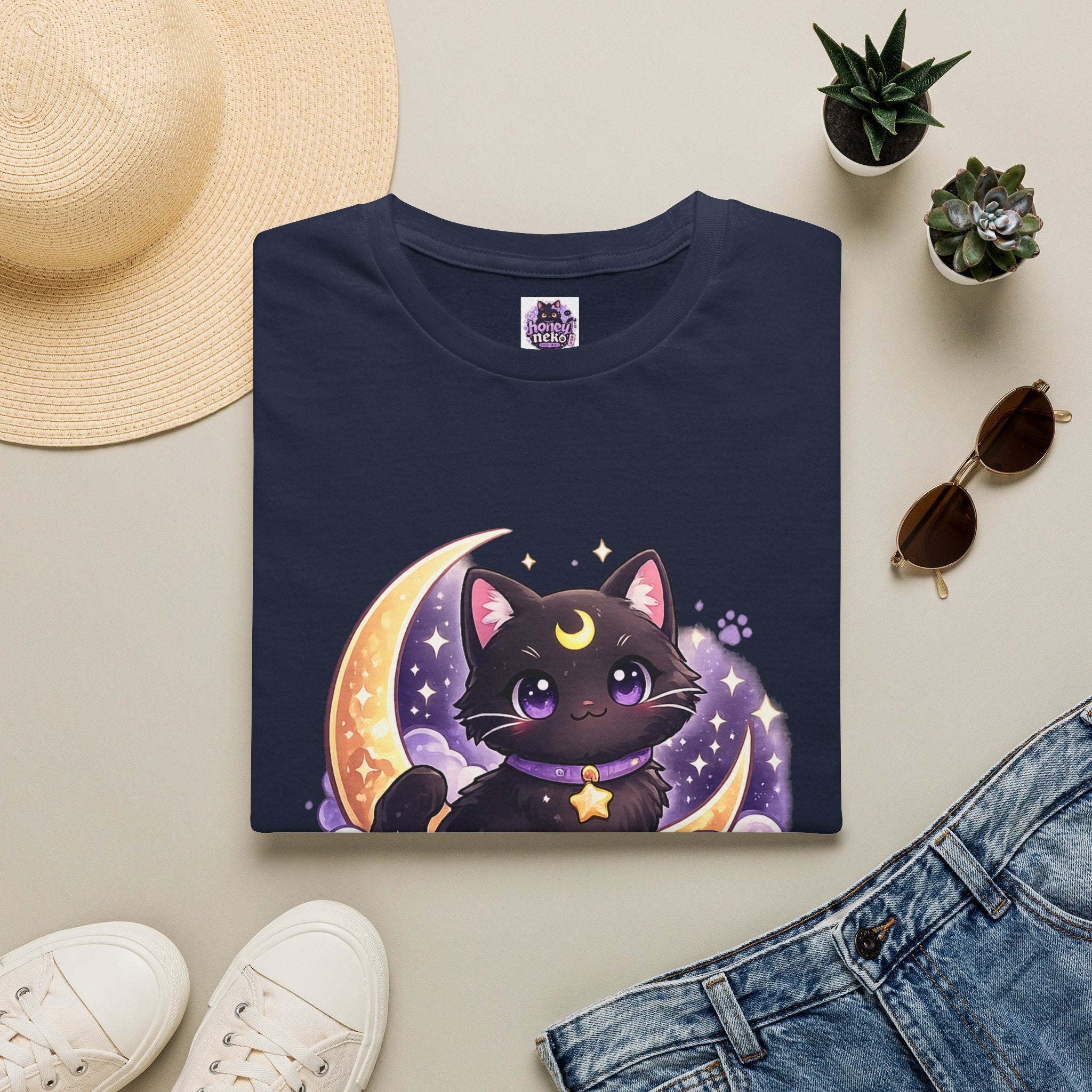 Midnight Neko T-Shirt — Cute Black Cat Moon Graphic Tee