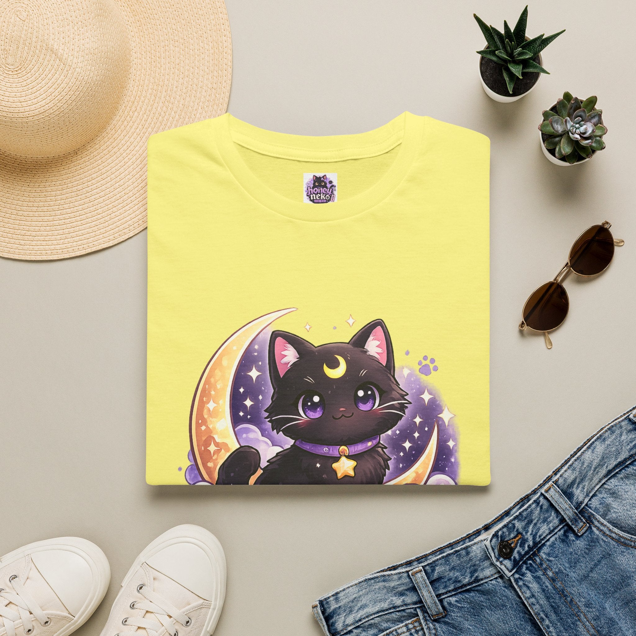 Midnight Neko T-Shirt — Cute Black Cat Moon Graphic Tee