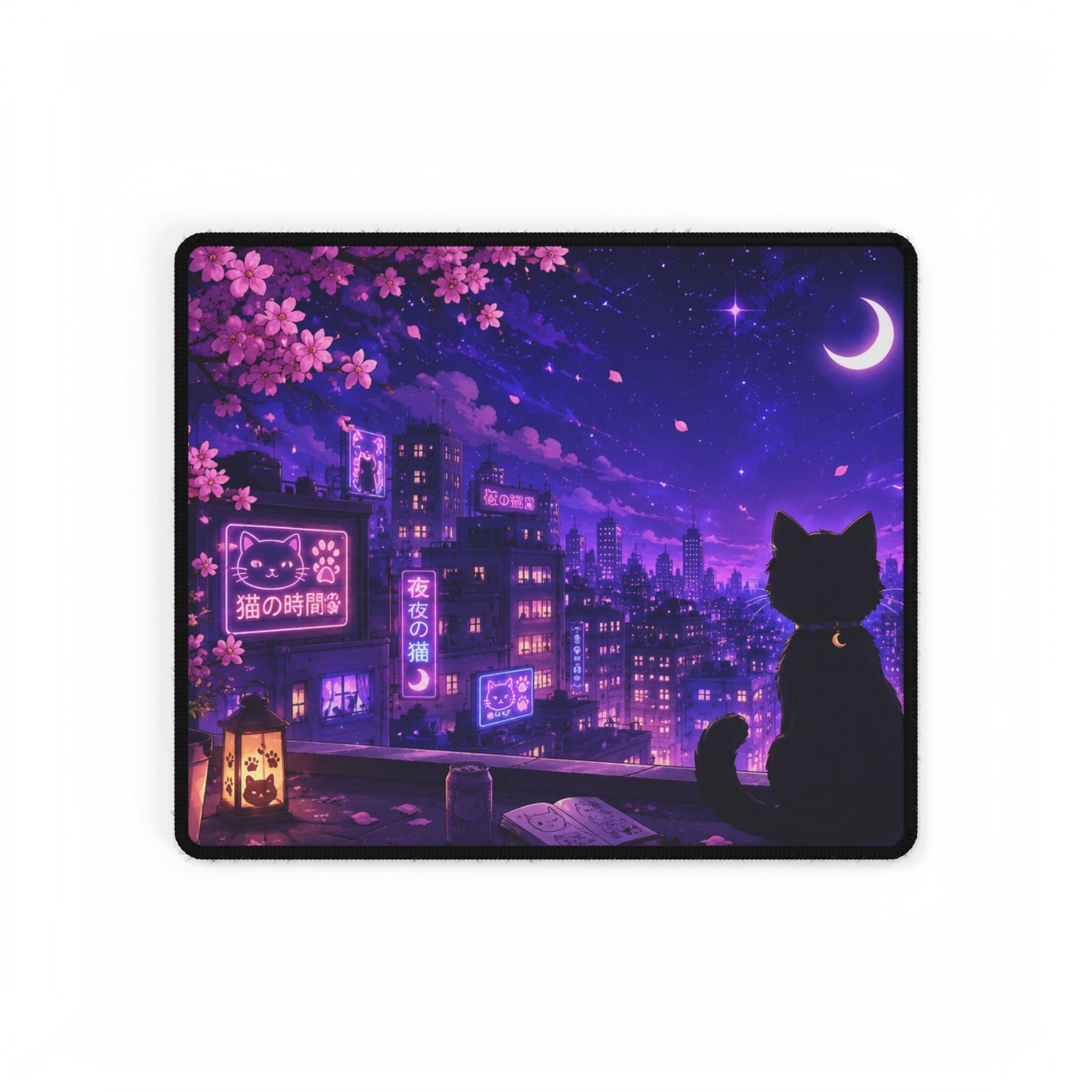 Night City Cat Desk Mat — Purple Moonlit Anime Gaming Desk Pad