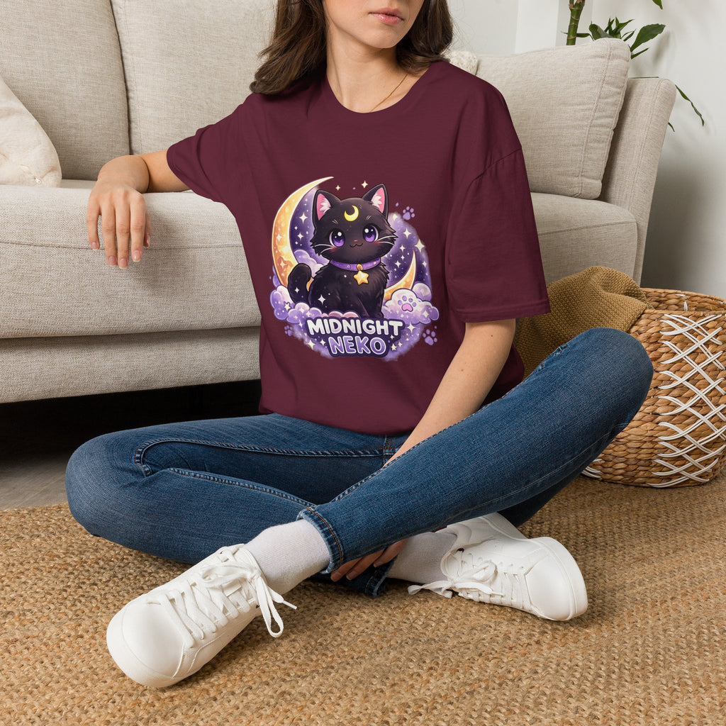 Midnight Neko T-Shirt — Cute Black Cat Moon Graphic Tee
