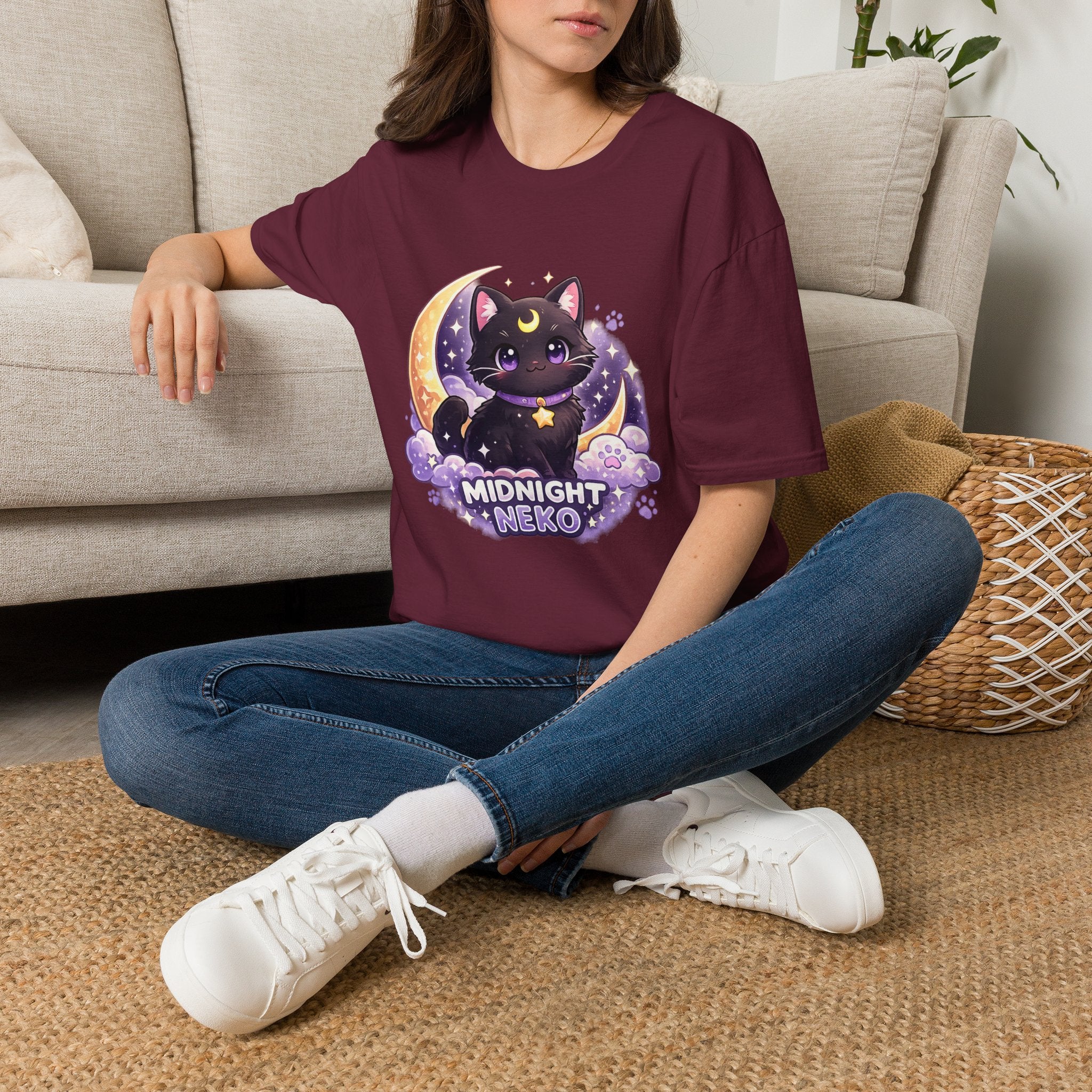 Midnight Neko T-Shirt — Cute Black Cat Moon Graphic Tee