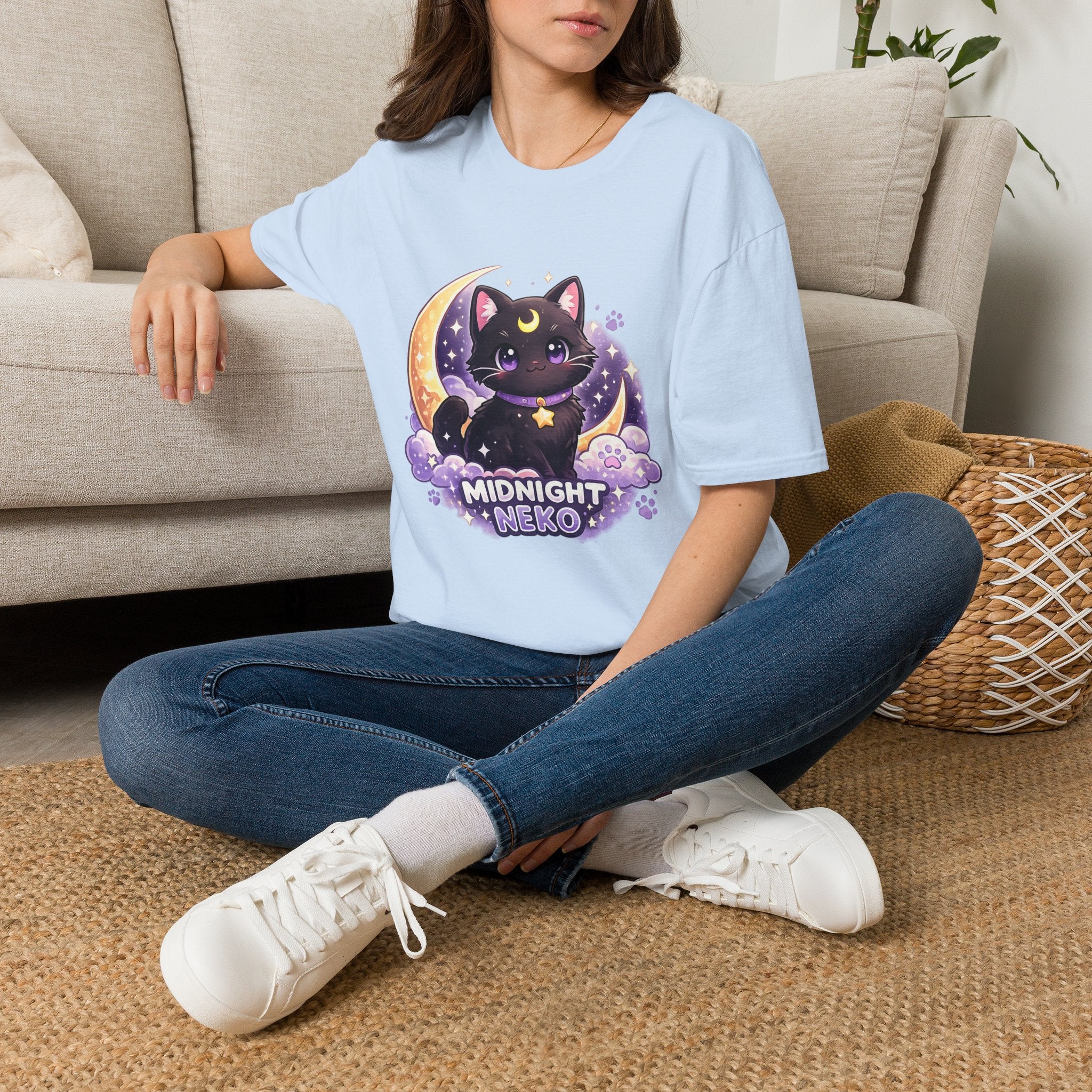Midnight Neko T-Shirt — Cute Black Cat Moon Graphic Tee